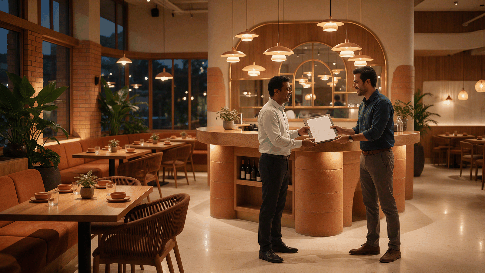 Project manager handing over documentation to a restaurant owner inside a newly completed restaurant